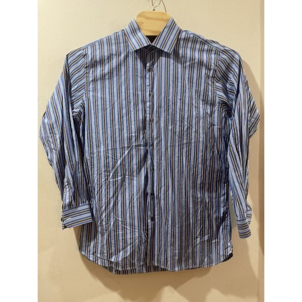 Napoli Di Nordstrom Blue And brown Striped Dress Shirt Size 16.5 Egyptian Cotton